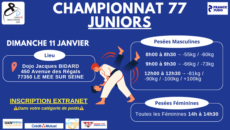 Compétition individuelle - CHPT 77 JUNIOR IND le 11/01/2026 / SEINE ET MARNE JUDO